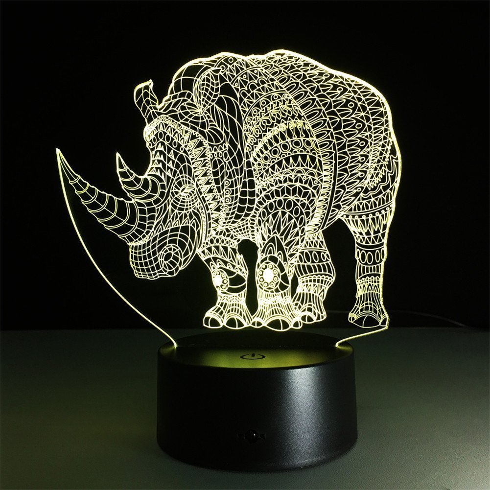 Ilusión óptica 3D Rinoceronte Luz Nocturna Interruptor Táctil USB