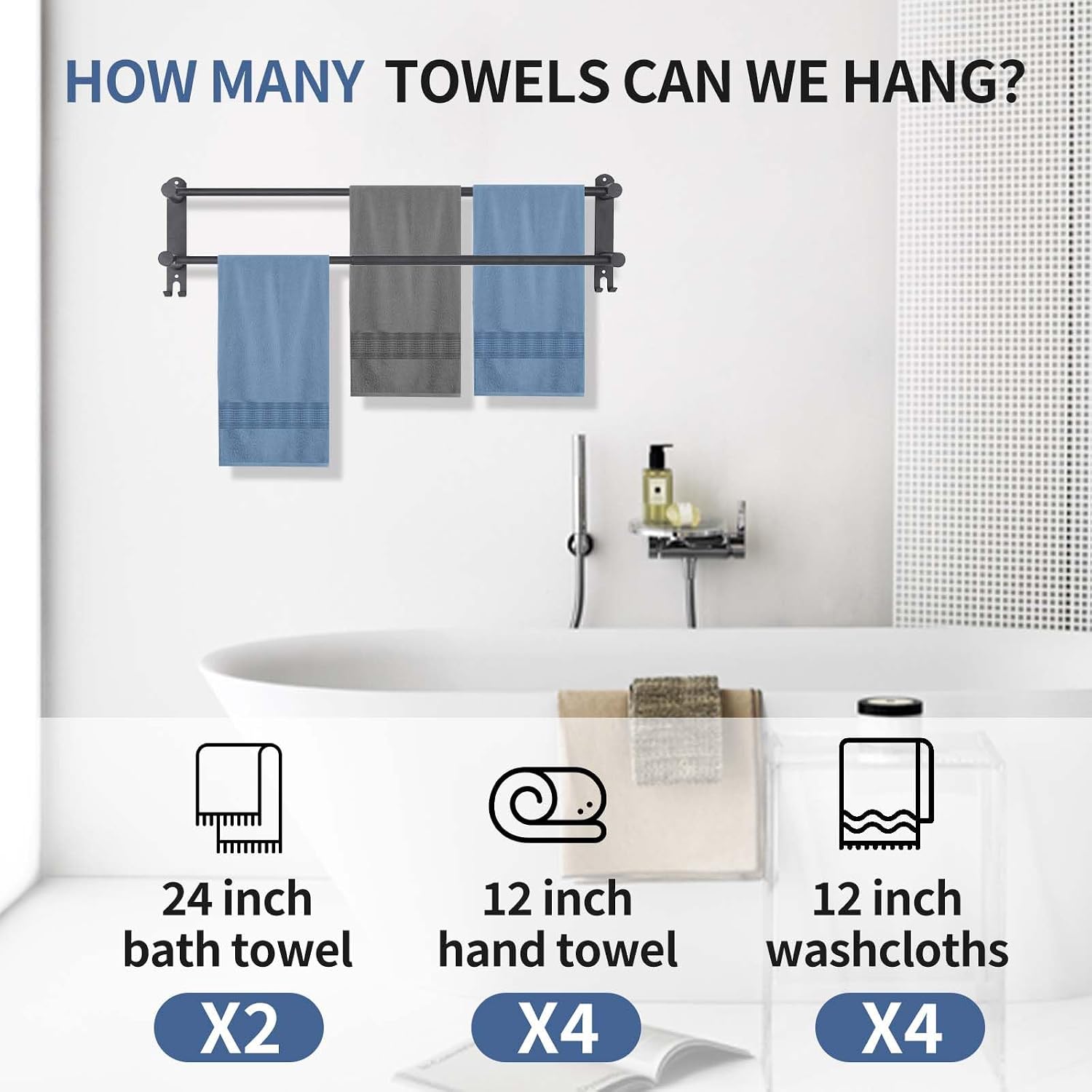 Black Double Towel Bar，Stretchable Double Towel Holder image 3