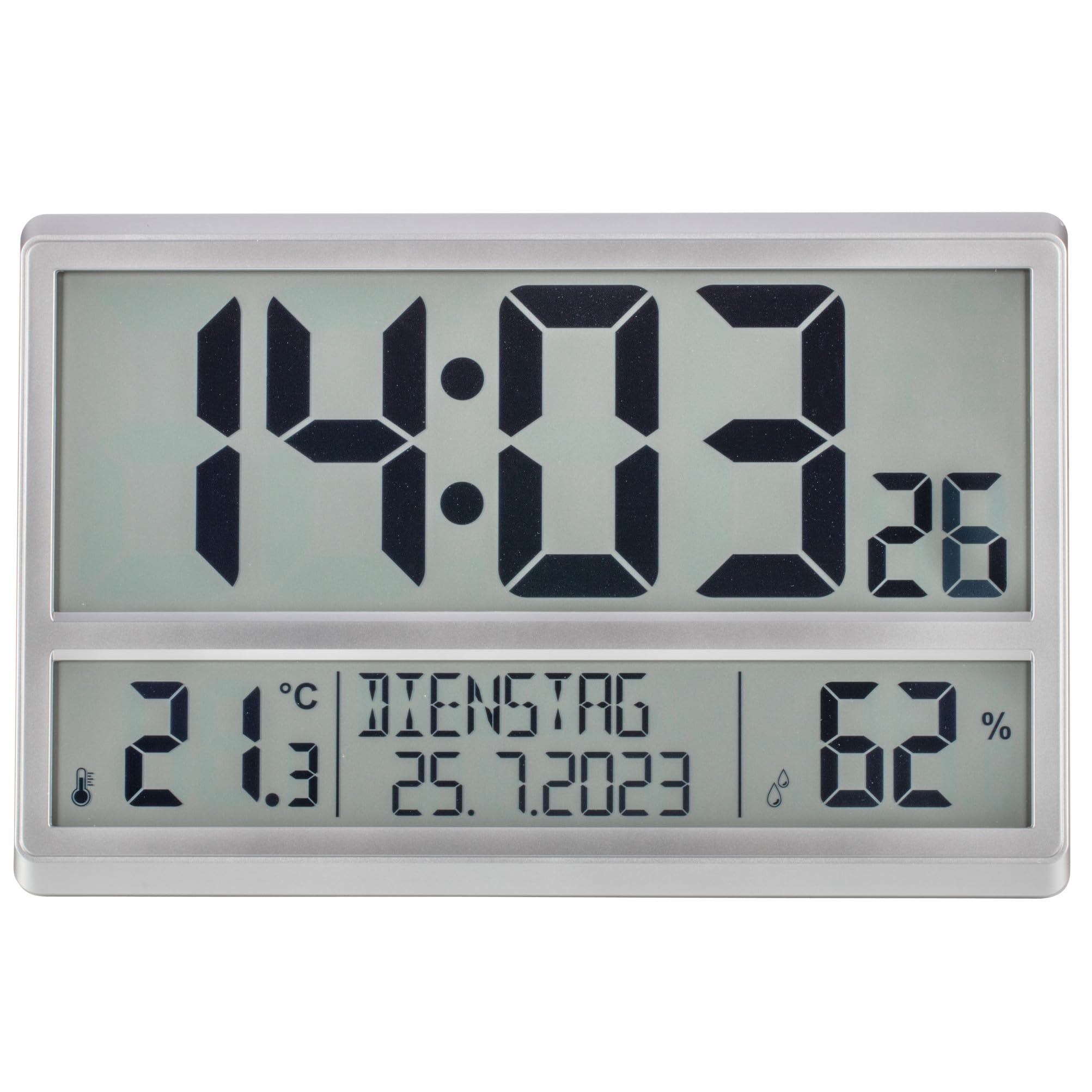 TFA Dostmann Orologio da parete digitale XL 60.4520.54 con temperatura e umidità, giorno della settimana (8 lingue), orologio radio, facile da leggere, grande, argento, (L) 360 x (L) 235 x (H) 28 (84)