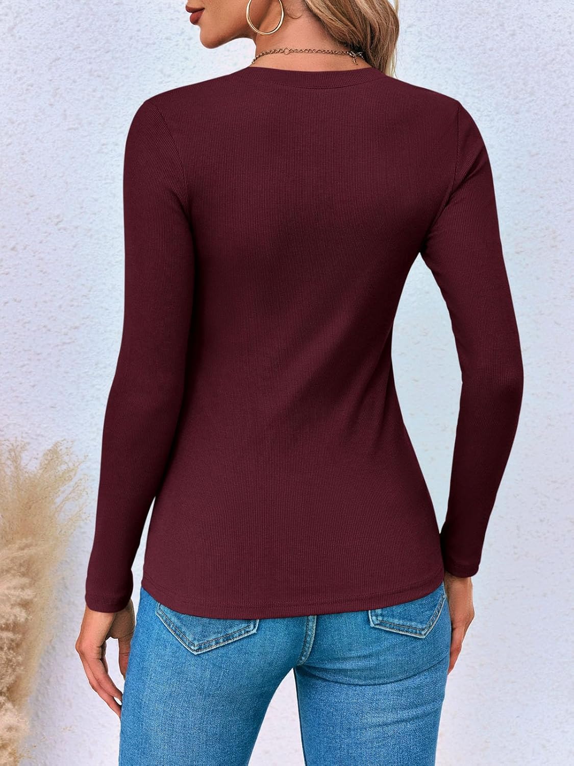 Fessceruna Womens Long Sleeve Shirts Tops Fall Deep V Neck Ribbed Casual Slim Fit Basic Sexy T-Shirt 2025 - Image 4