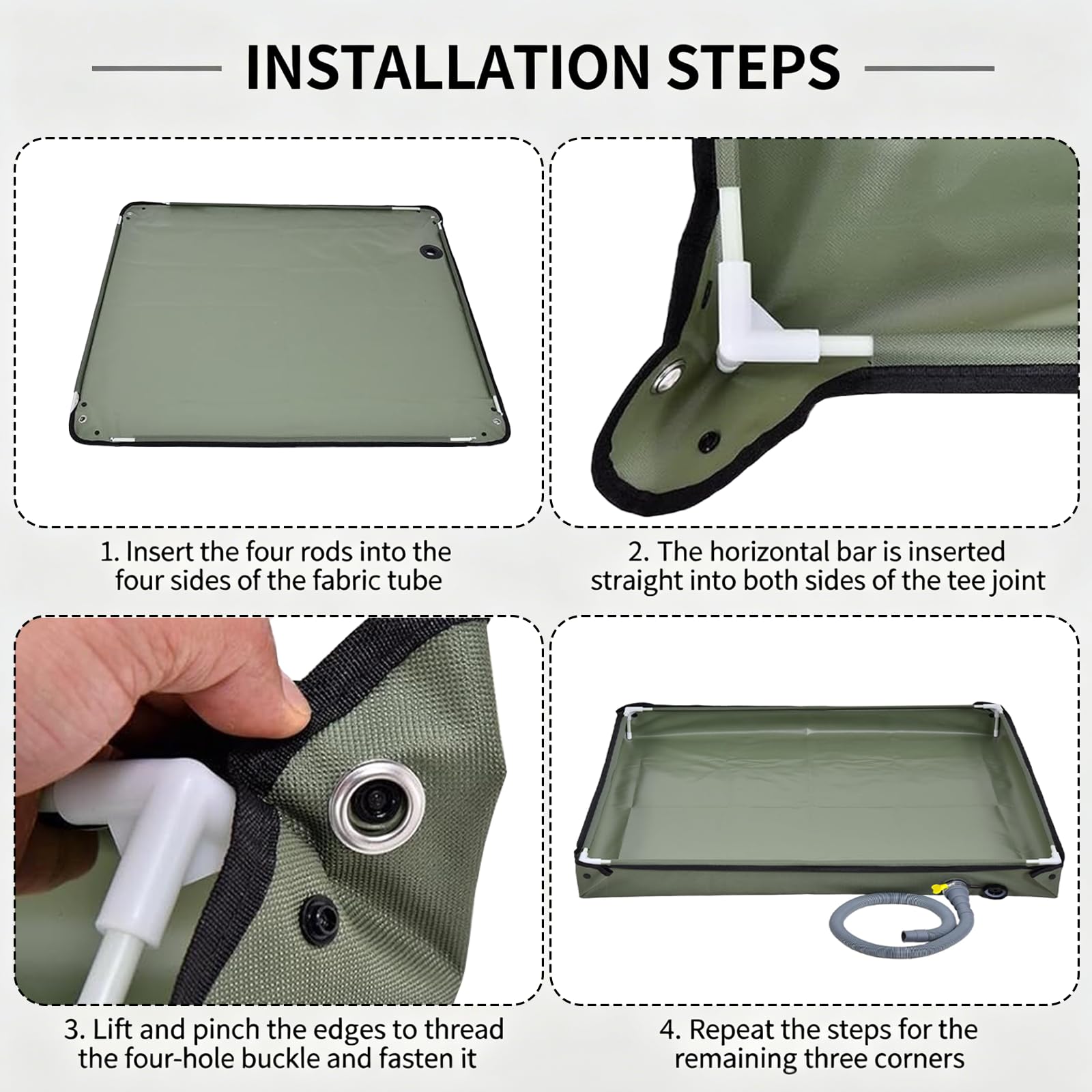 Piatto doccia pieghevole, 80 x 80 cm, piatto doccia da campeggio, base doccia portatile con tubo di scarico, tenda doccia per esterni, per camper, giardino, viaggi (verde militare)
