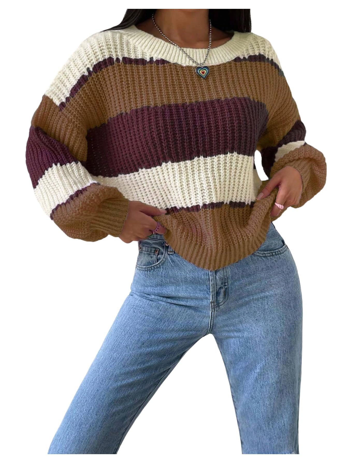 Verdusa Womens Chunky Knit Sweaters Color Block Long Sleeve Crew Neck Casual Pullover Jumper