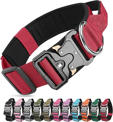 Collar Táctico para Perro, Ajustable Collar Perro de Nailon Acolchado con Hebilla de Metal, Collares de Entrenamiento con Mango de Control para Perros Medianos y Grandes (Rojo, M)