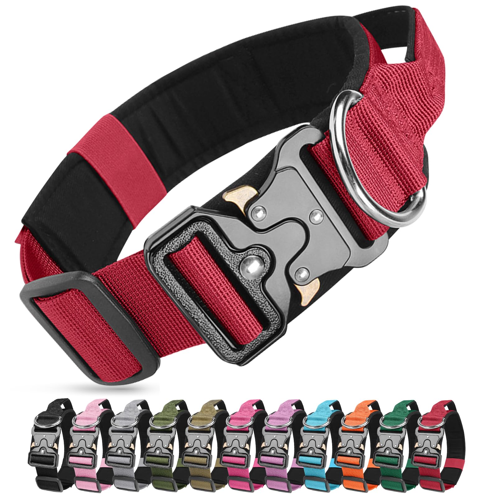 Collar Táctico para Perro, Ajustable Collar Perro de Nailon Acolchado con Hebilla de Metal, Collares de Entrenamiento con Mango de Control para Perros Medianos y Grandes (Rojo, XL)