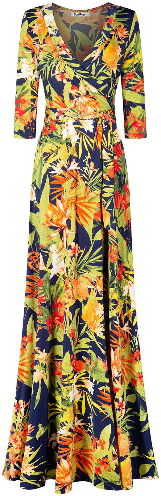 Women's #MadeInUSA 3/4 Sleeve V-Neck Printed Maxi Faux Wrap Dress Summer Wedding Guest Party Bridal Baby Shower Maternity Nursing Navy Yellow S