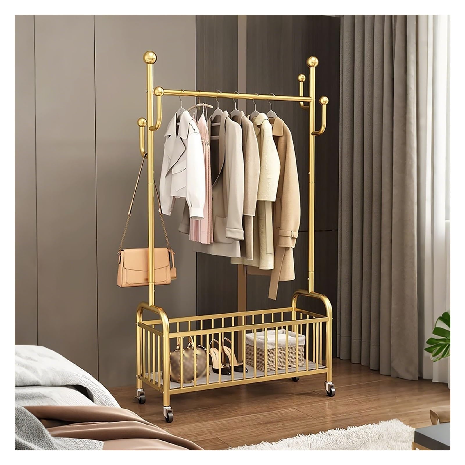 Portant à vêtements en métal doré 80x170x36 cm avec étagères de rangement pour vestiaire