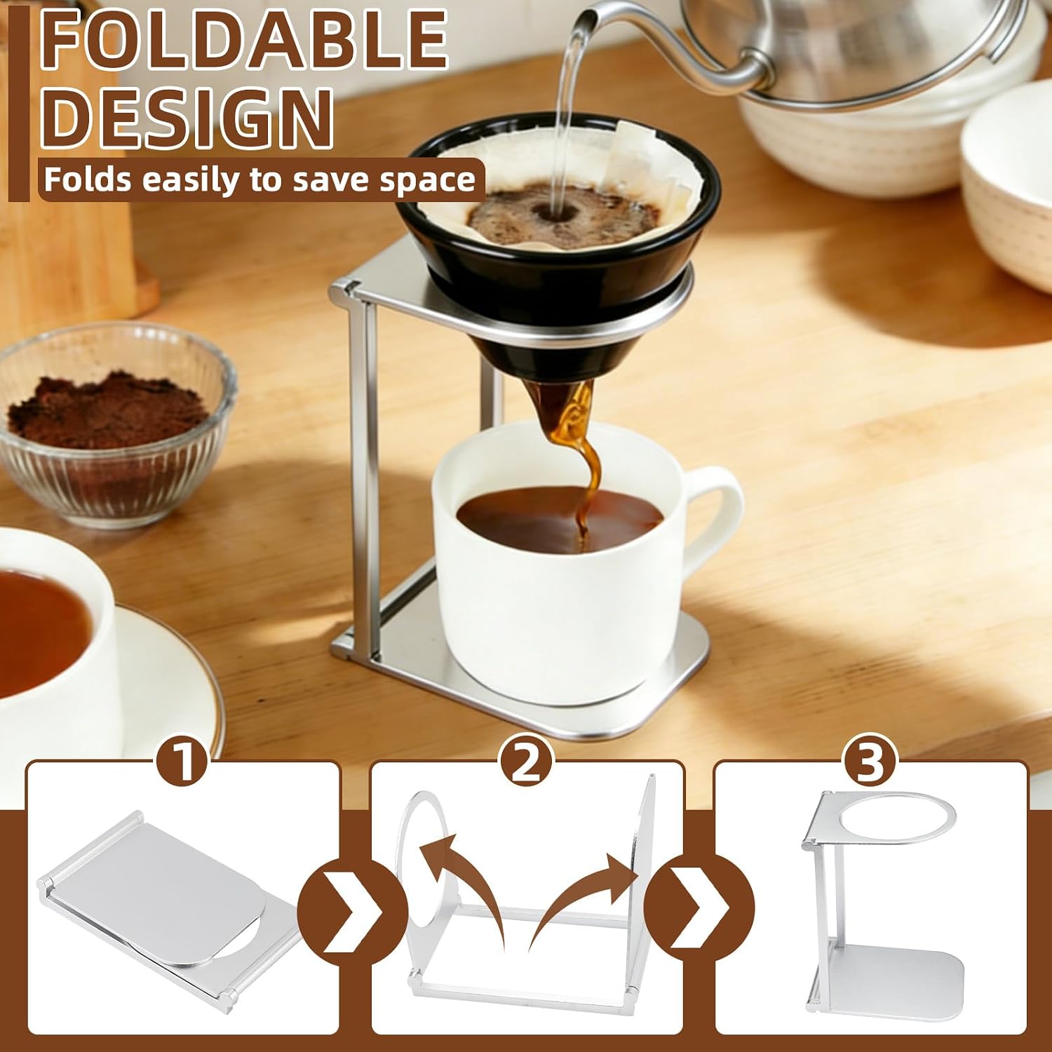 Aluminum Alloy Pour Over Coffee Maker Stand, Foldable & Portable Espresso Machine Stand, Universal Coffee Dripper Holder Rack Suitable for Office Home Camping Use (Silver) image 4