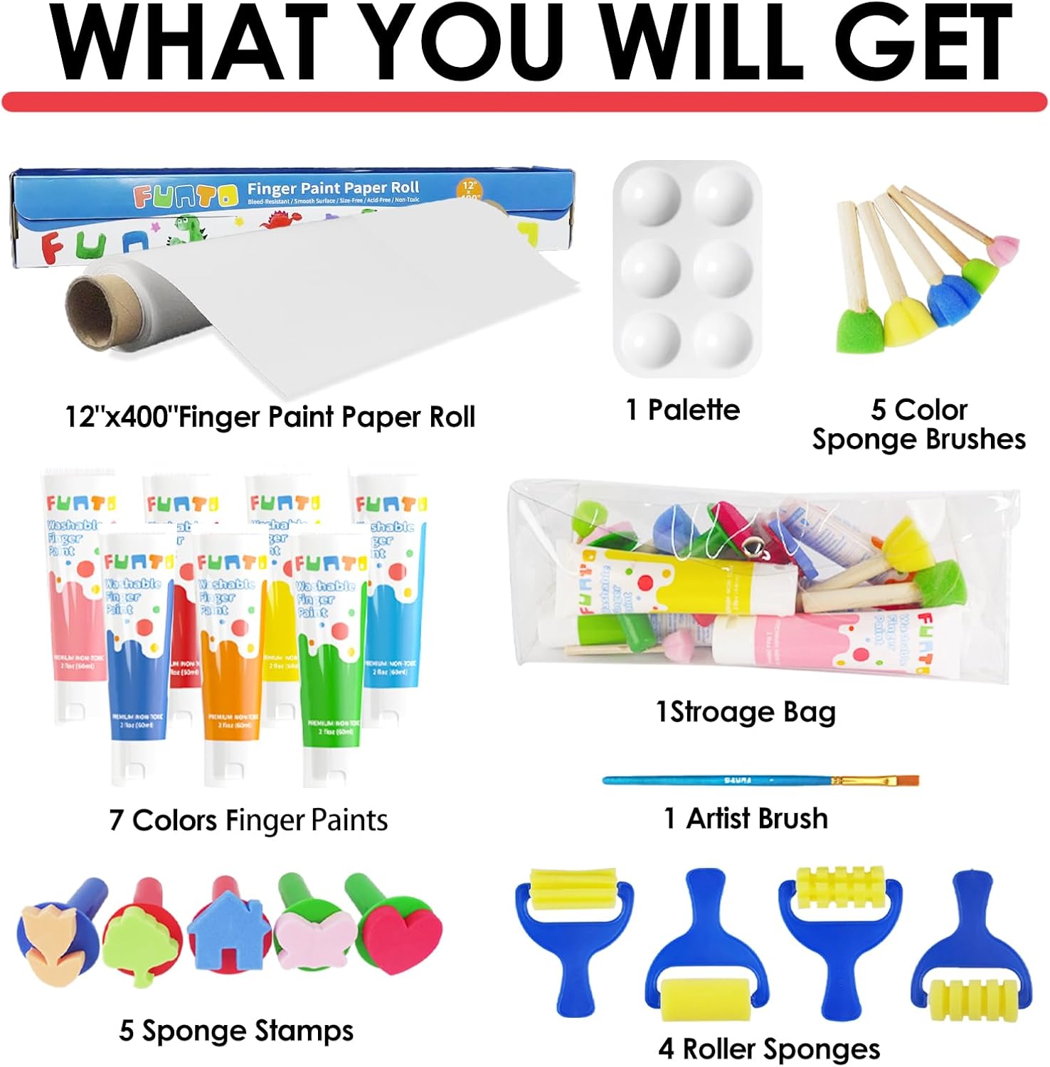 Funto Washable Finger Paint for Kids Bundle, 25 PCS Non-Toxic Finger Paint Set Includes Finger Paint Paper Roll, Brush Set with 60 Sheets Total, 12" x16'', 2-Pack Finger Paint Pad for toddler painting