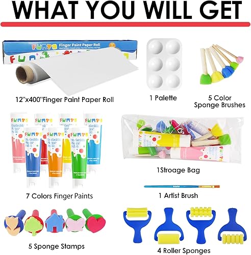 Miniatura 2 de Funto Juego de pintura de dedos lavable para niños, 25 piezas de suministros de pintura artística no tóxicos para bebés, incluye rollo de papel de