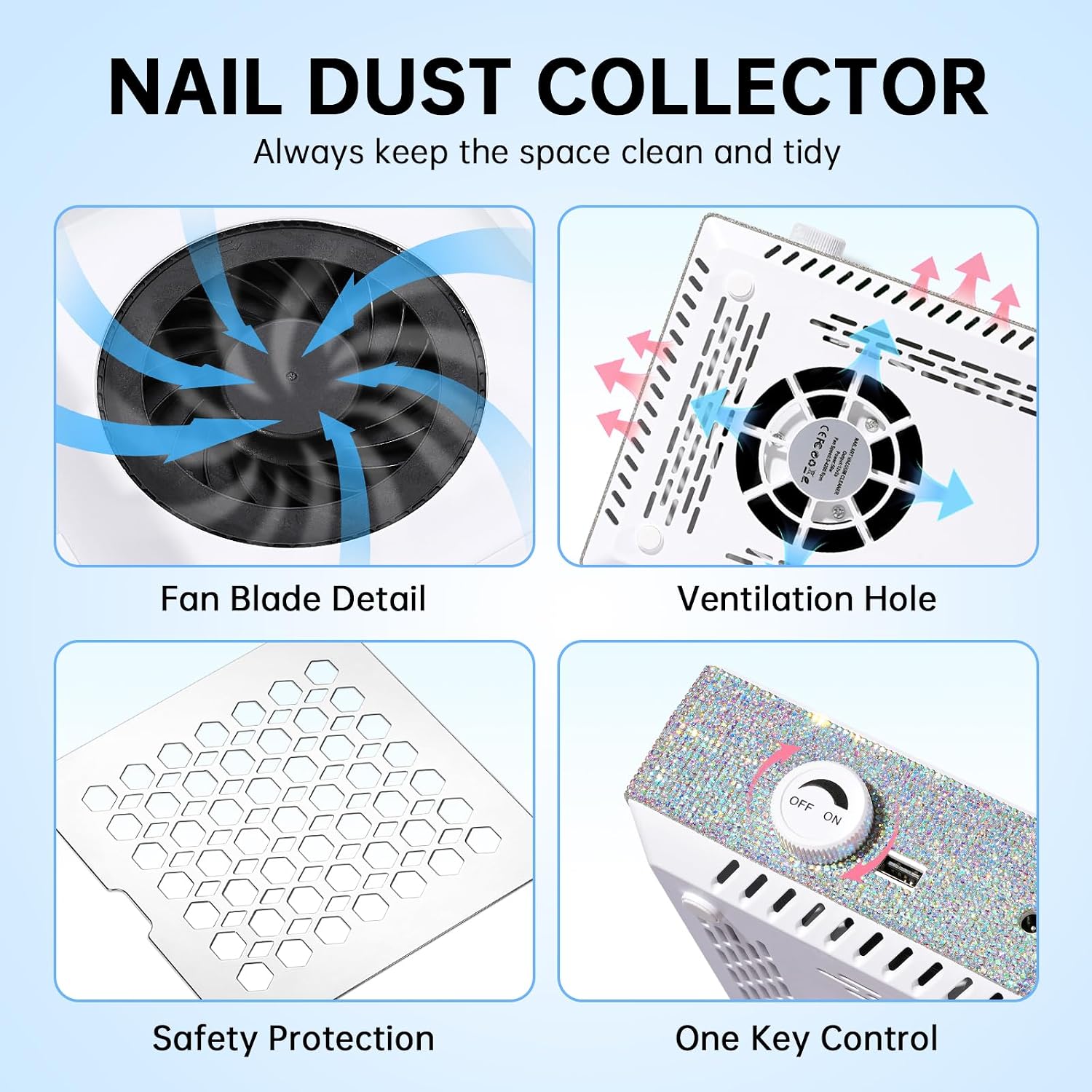 Nail Dust Collector with Reusable Filters Powerful Vacuum Fan Hand Pillow White & UV LED Nail Lamp 72W Rechargeable Sparkly Wireless Nail Dryer Gel Polish Light with 5 Timer Setting