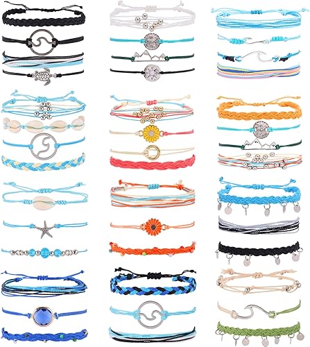 Miniatura 1 de FIRAZIO 42 pulseras de cuerda impermeables para mujer, pulsera bohemia de ondas surfistas, ajustable, hecha a mano, pulsera de amistad, pulsera de