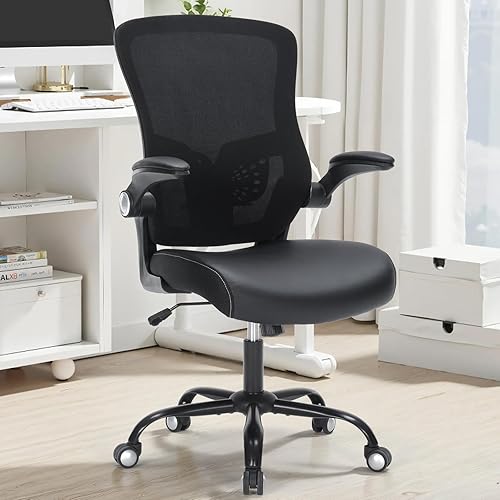 Miniatura 9 de Silla de oficina ergonómica, respaldo medio, de malla transpirable, silla giratoria para computadora con soporte lumbar ajustable, brazos abatibles,