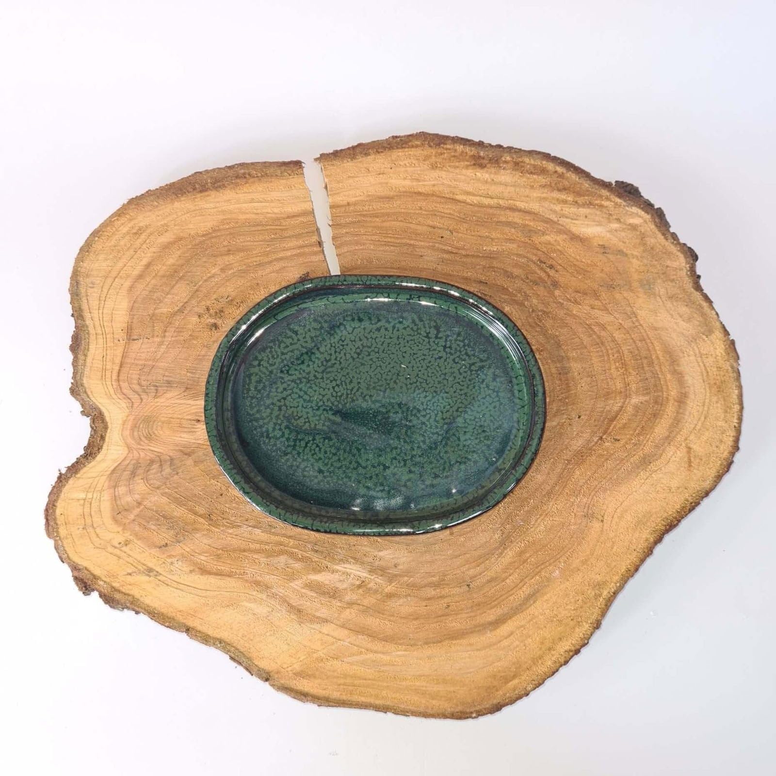 18 x 14cm, Ceramic, Bonsai Drip Tray/Plant Pot Saucer, Oval, Green