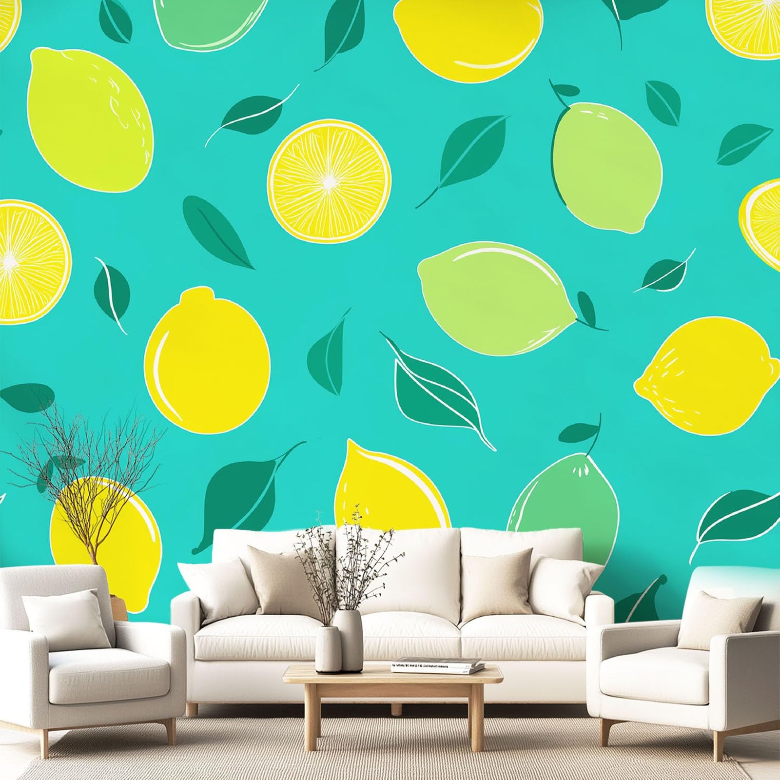 Générique Rétro Fruit Papier Peint Panoramique Citron Agrumes，Papier Peint Intissé 250 x 175 cm pour Salon Chambre Enfant Chambre Décoration Murale Poster Tableaux Photo Muraux