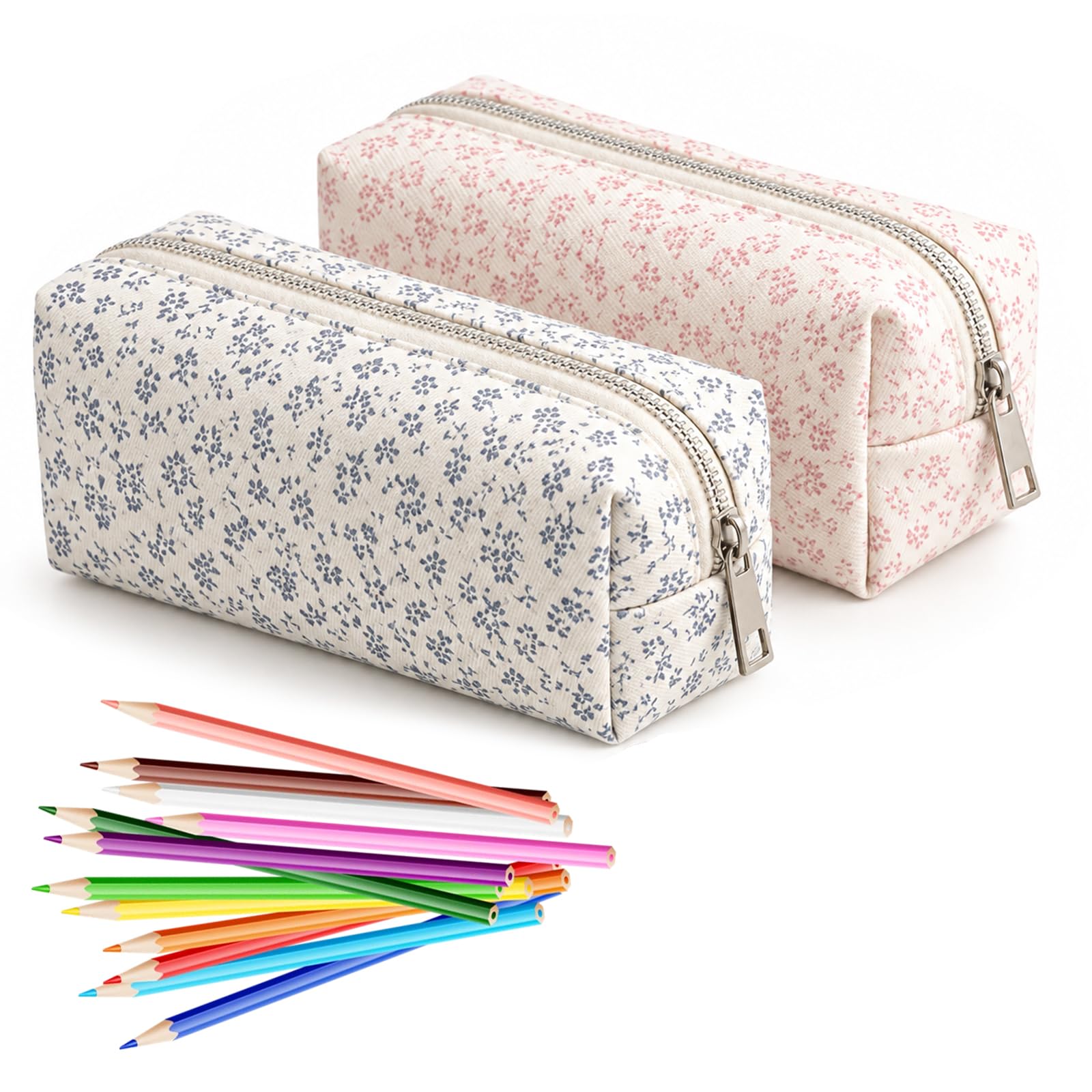 FUDUODUO Pencil Case for Girls,2 Pcs Floral Fabric Pencil Case