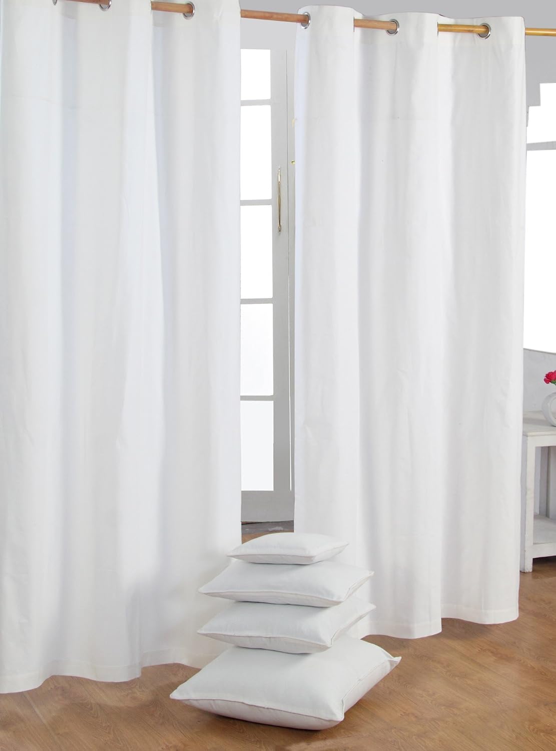 HOMESCAPES Off White Eyelet Curtain Pair 137cm (54") Wide x 182cm (72") Drop Plain Heavy Unlined Curtains