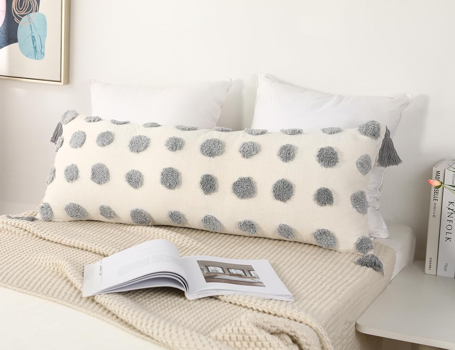 PANOD Decorative Long Lumbar Pillow Cover 14x36 Boho,Super Soft Chenille Extra Long Lumbar Pillow Case Cover with Tassel for Bed Sofa Couch Farmhouse Livingroom,Grey,Modern Skinny - Image 3