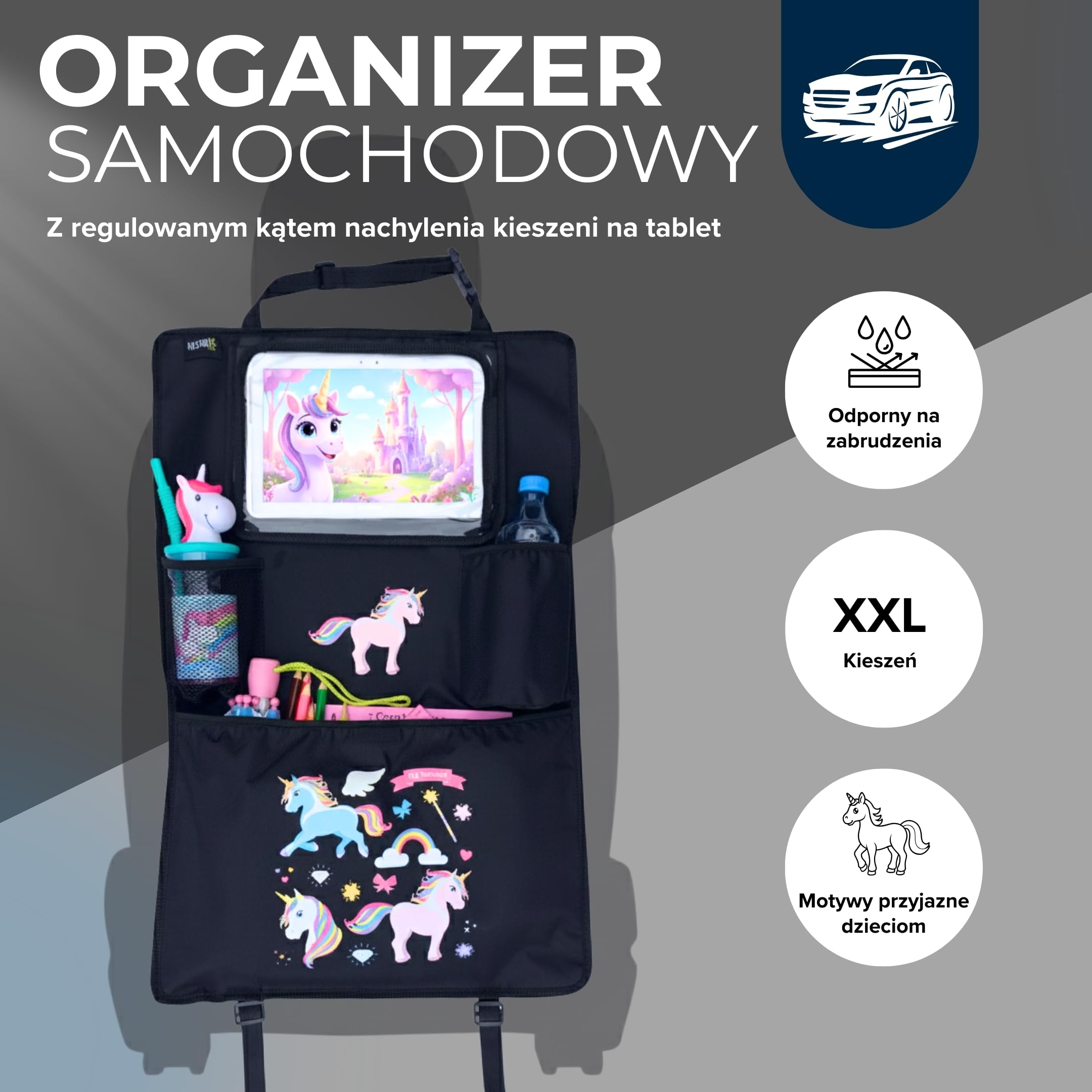 HECKBO 1x dziecięcy organizer na oparcie fotela samochodowego z regulowaną kieszenią na tablet, miejsce na akcesoria – Jednorożec – 70x45 cm – w zestawie uchwyt na napoje