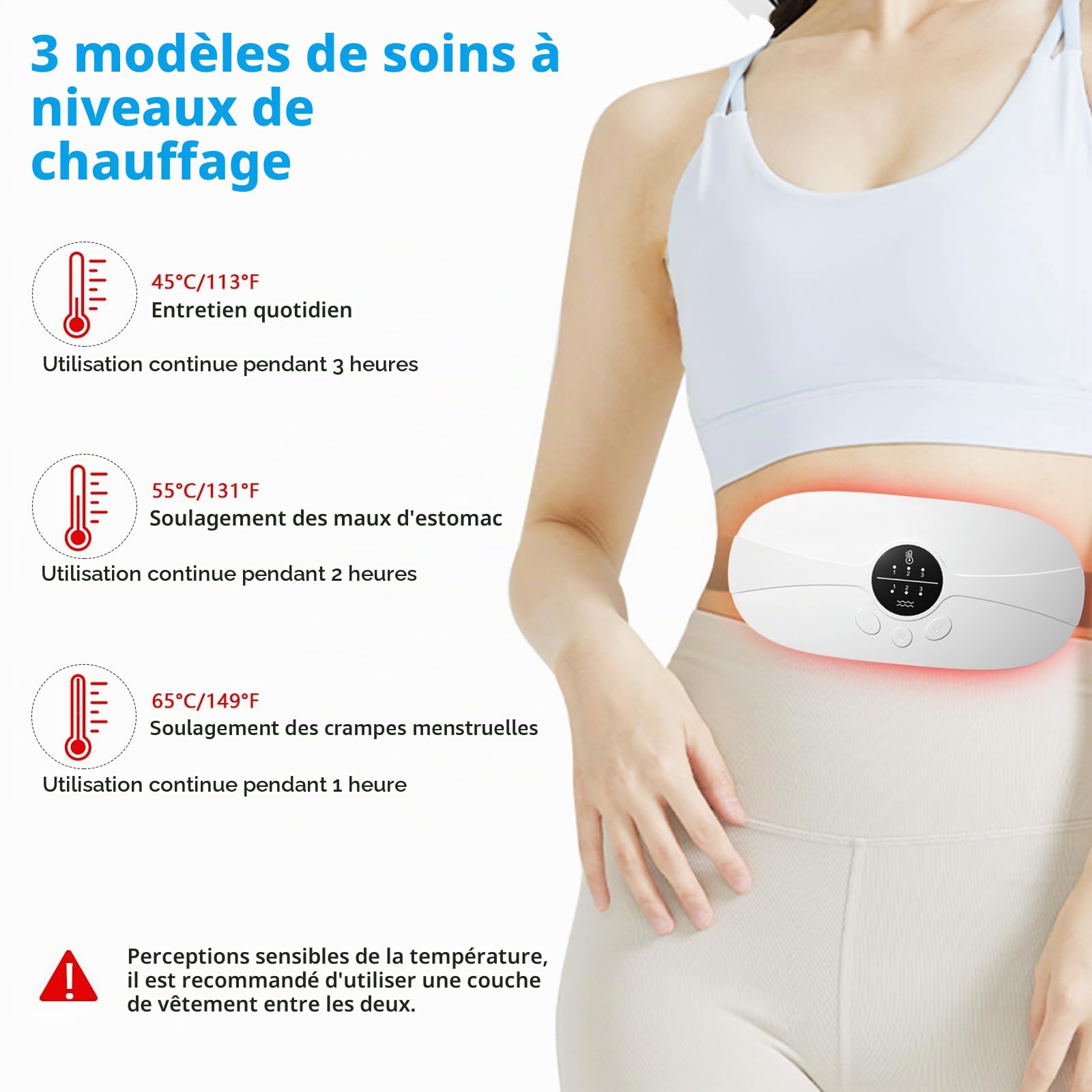Kissleaf Ceinture Chauffante Regle Douloureuse,Chauffant Regles Douloureuses,USB Rechargeable Ceinture Menstruelle Chauffante,3 Niveaux Chaleur 3 Modes Ceinture Chauffante Ventre (blanc)
