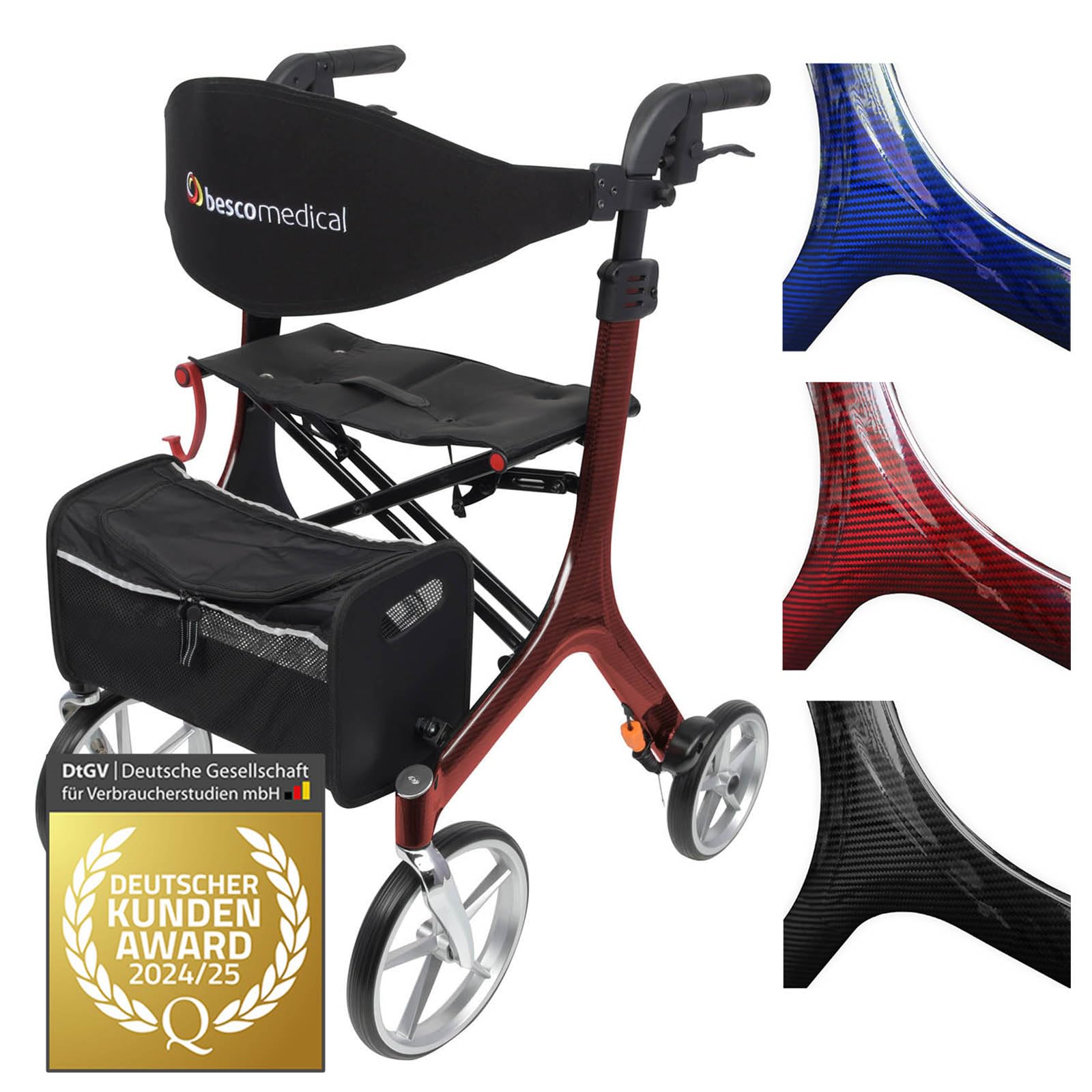 Besco Medical Carbon Rollator ultraleicht 5,9 kg - Modell L Bordeauxrot | faltbar, höhenverstellbar, mit bequemem Sitz - Premium Gehhilfe mit Rückengurt, Netztasche, Stockhalter - klappbar & leicht