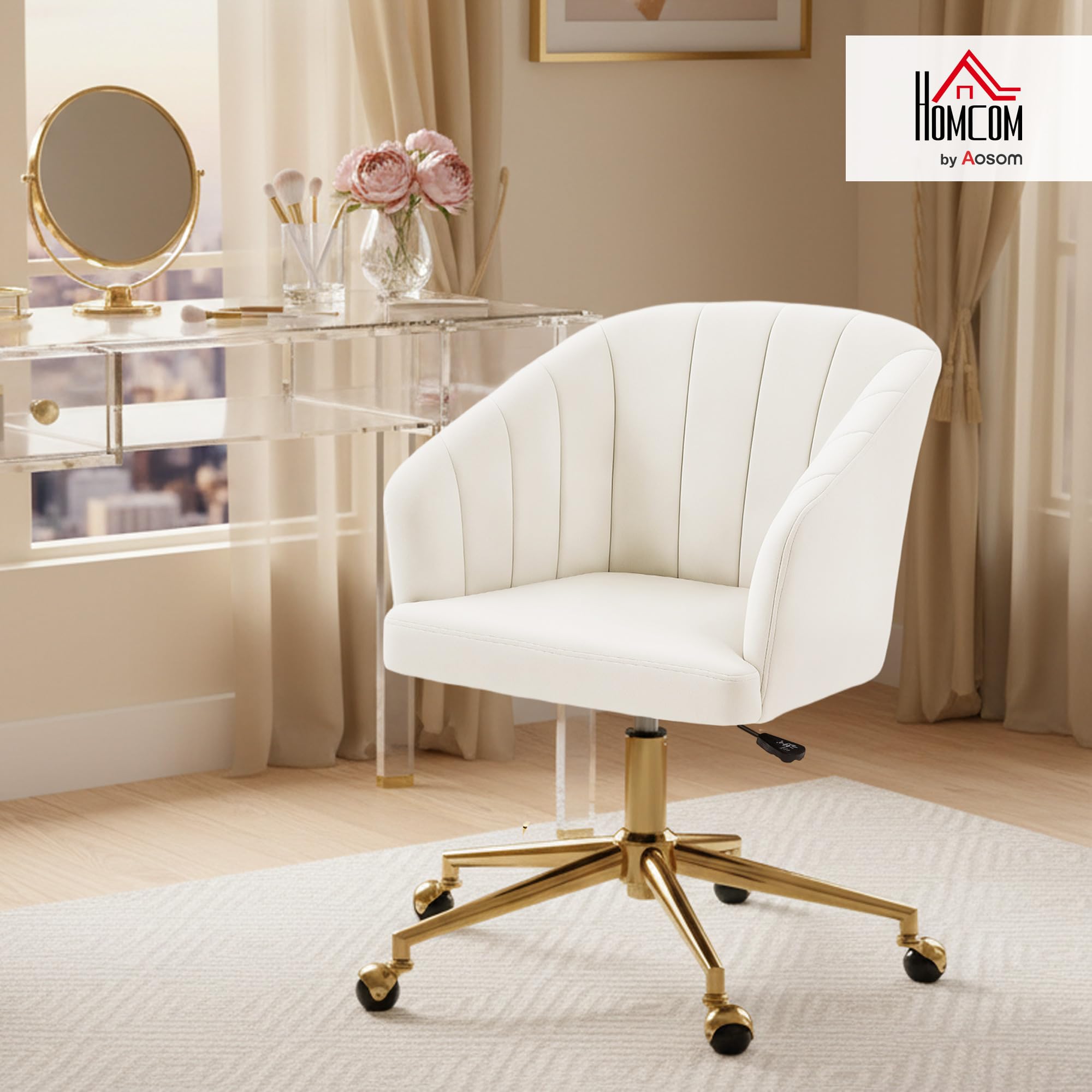 HOMCOM Silla de Oficina con Ruedas, Silla de Escritorio de Terciopel Crema | Respaldo Acolchado con Costuras, Asiento Ancho, Altura Ajustable, Espuma de Alta Resiliencia, para Casa, Oficina