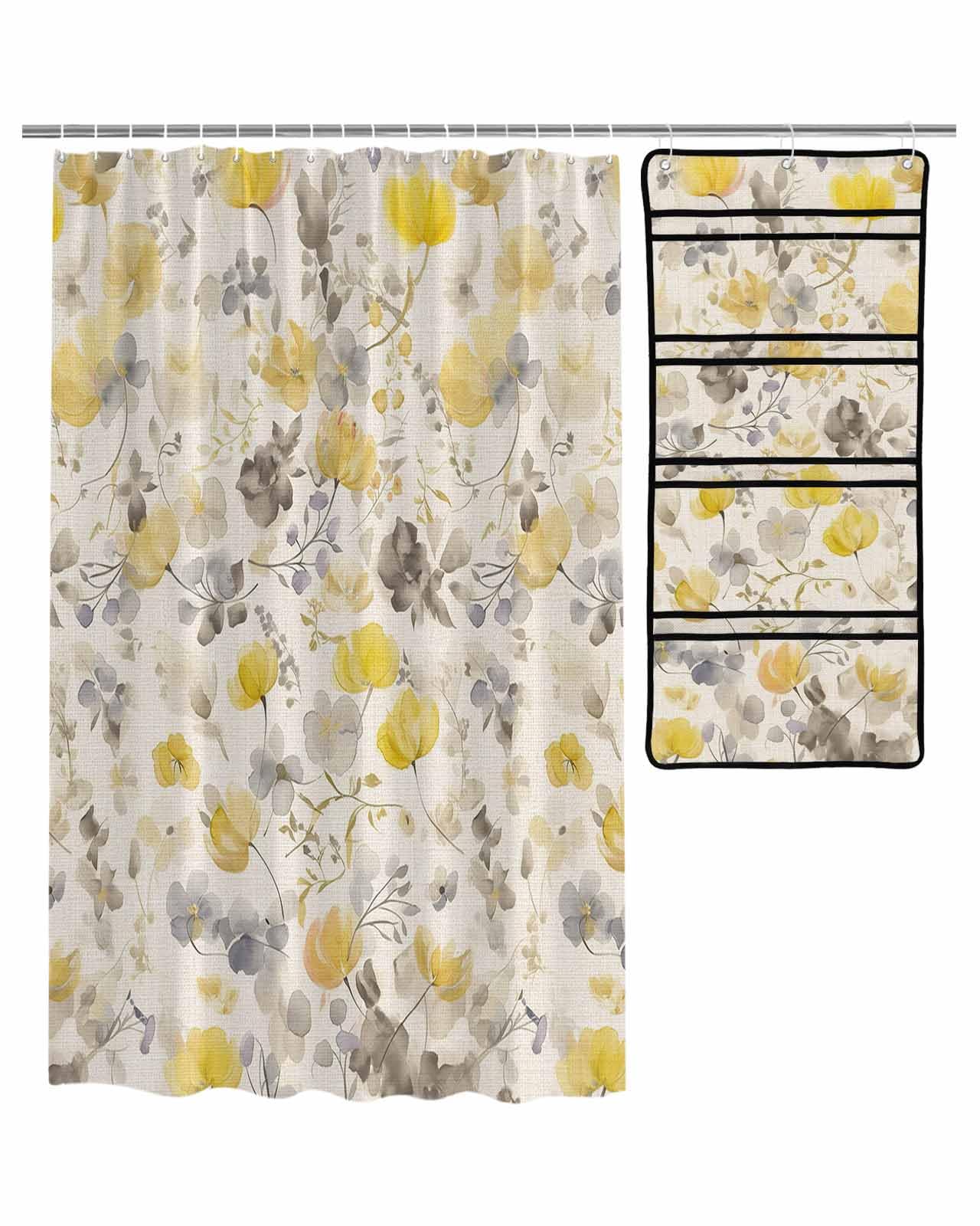 ZFUNCING Shower Curtain Mesh Shower Organizer Set Yellow Flower Country Floral on Flax Waterproof Bath Curtains Hanging Shower