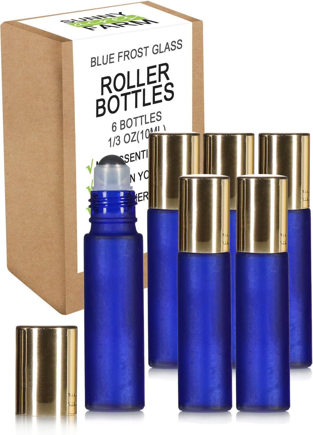 Highest Quality Frosted Glass Roll On Bottles - 1/3oz(10ml) - 6 Pack with Stainless Steel Metal Roll-On Balls - Free Recipe eBook Ideal For Essential Oils, Perfumes, Aromatherapy (Purple Lids)