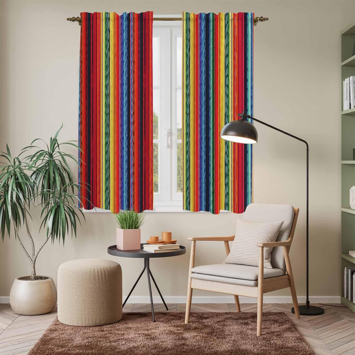 Rainbow Striped Kitchen Curtains, Boho Ethnic Colorful Lines Minimalist Light Filtering Window Curtain Panels, 2Pcs Rod Pocket Window Treatments Set for Living Room Bathroom Bedroom 42x63 Inches