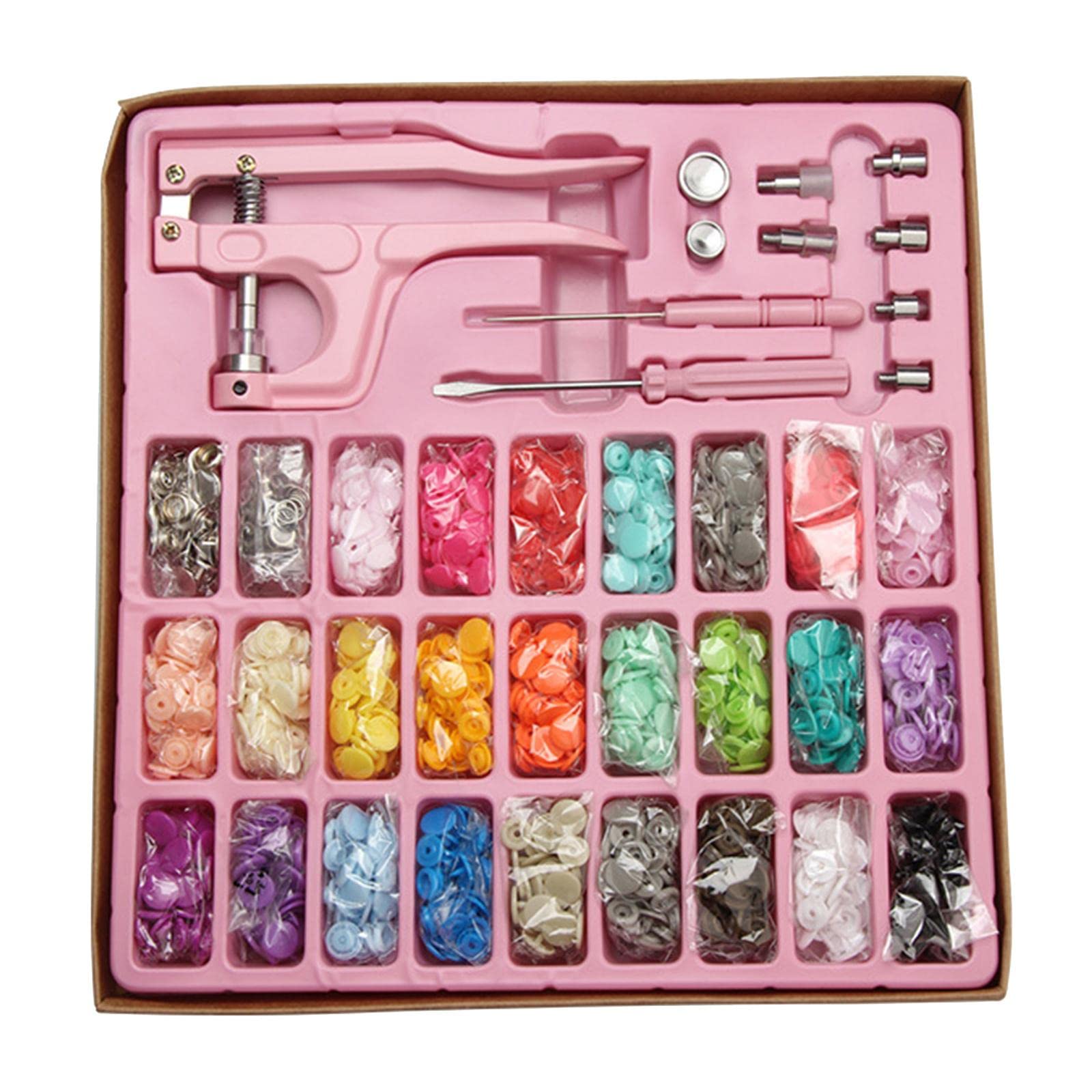 Kit di bottoni a pressione in metallo, 312 pezzi, con pinze, strumento per cucire, colore rosa