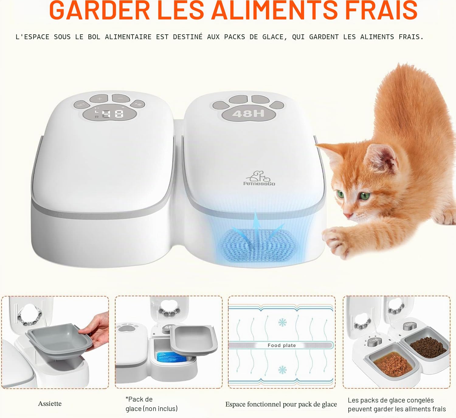 Mangeoire automatique pour chats, mangeoire automatique à deux repas pour chiens et chats, mangeoire avec minuteur de 48 heures contrôlé par écran, alimentation automatique avec aliments secs