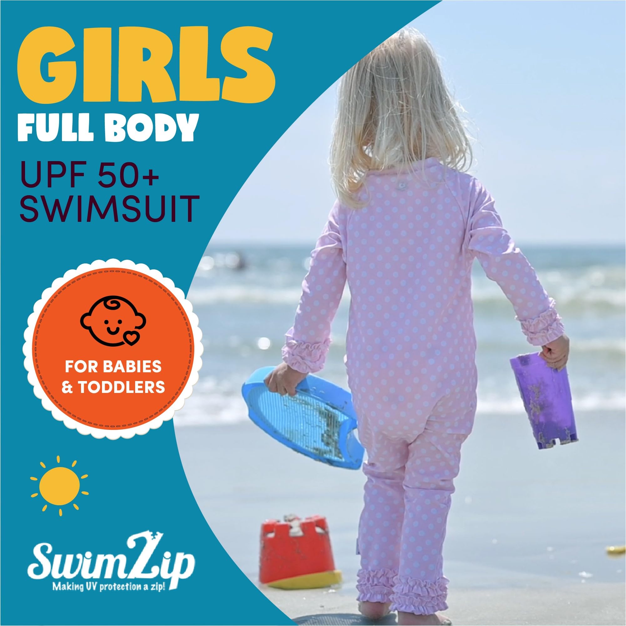 SwimZip Traje de baño de manga larga UPF 50+ para niñas, para bebés, niños pequeños y niñas pequeñas