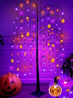 5 Feet 108 LED Orange & Purple Lighted Halloween Willow Tree Decoration Timer 24 Bats & Pumpkins Lights Jack-O-Lantern Black Spooky Tree Halloween Decor Home Indoor Outdoor Yard (Plug in / 4 Stakes)