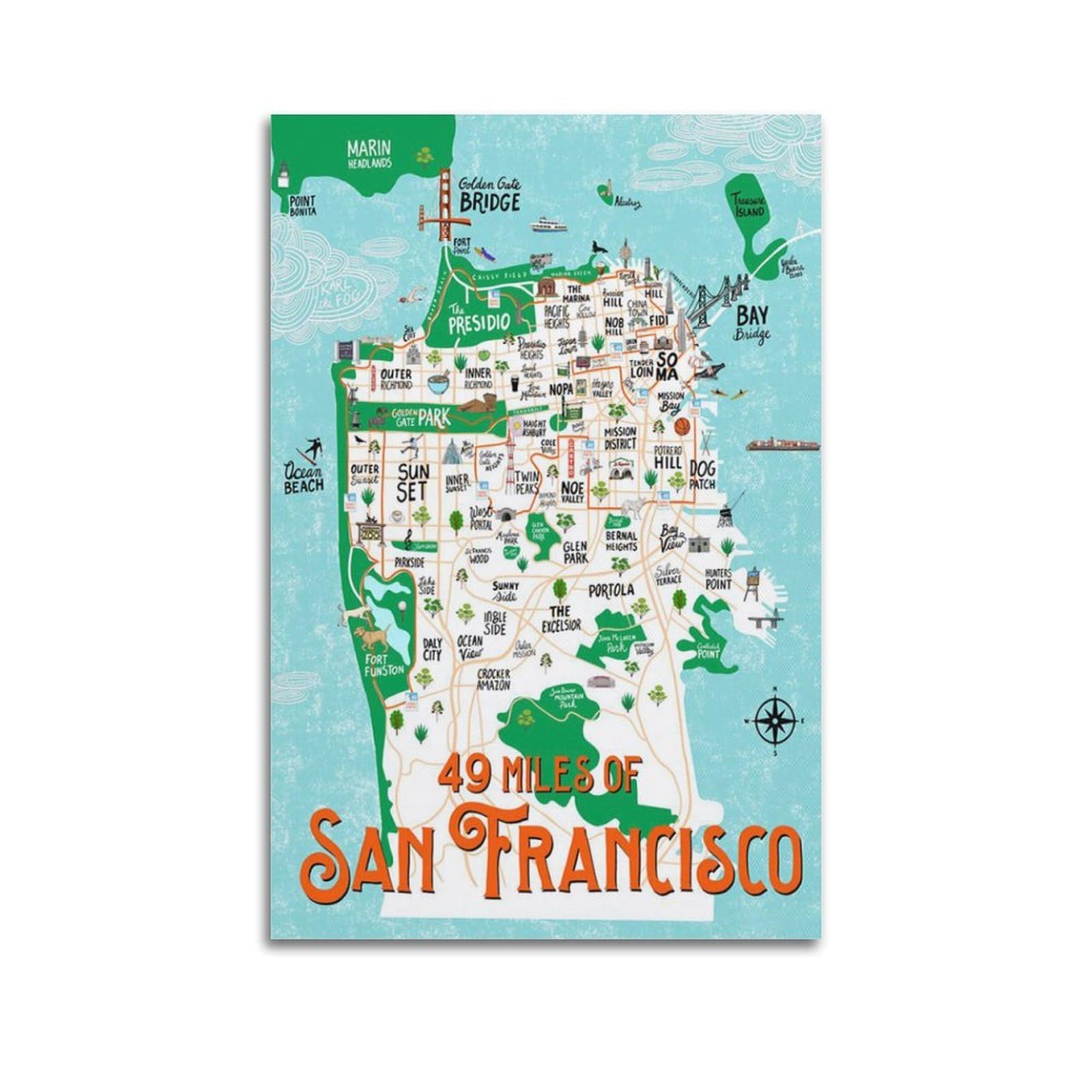 Maynle Unframe-Style City Poster San Francisco Illustrated Attraction Map Poster Modern Wall Art Canvas Aesthetic Decoration Painting 20X30inch(50X75cm)