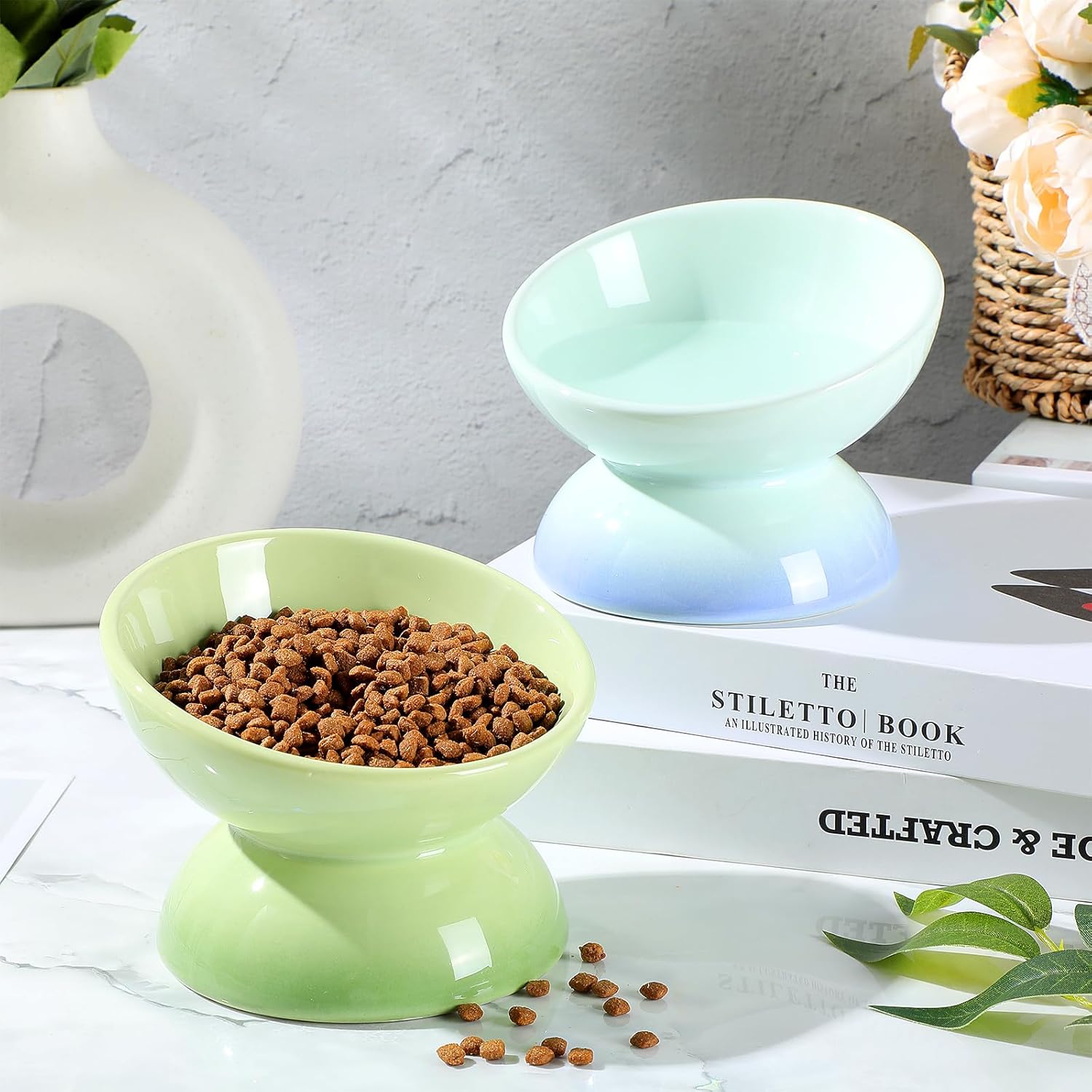Hushee 2 Pcs Elevated Cat Food Bowl Ceramic 15 Degree Raised Cat Water Bowl 4 oz Slanted Tilted Anti Vomiting for Kitten Small Dogs Pet, Dishwasher Microwave Safe