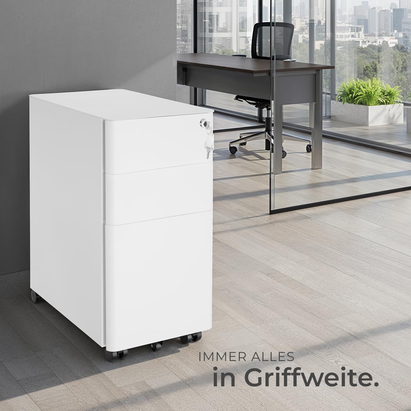 tectake® Büro Metall Aktenschrank mit Rollen, abschließbare Kommode mit Schubladen für Schreibtisch, Rollcontainer, Schubladenschrank, Organzier, Rollwagen Schrank abschließbar (weiß)