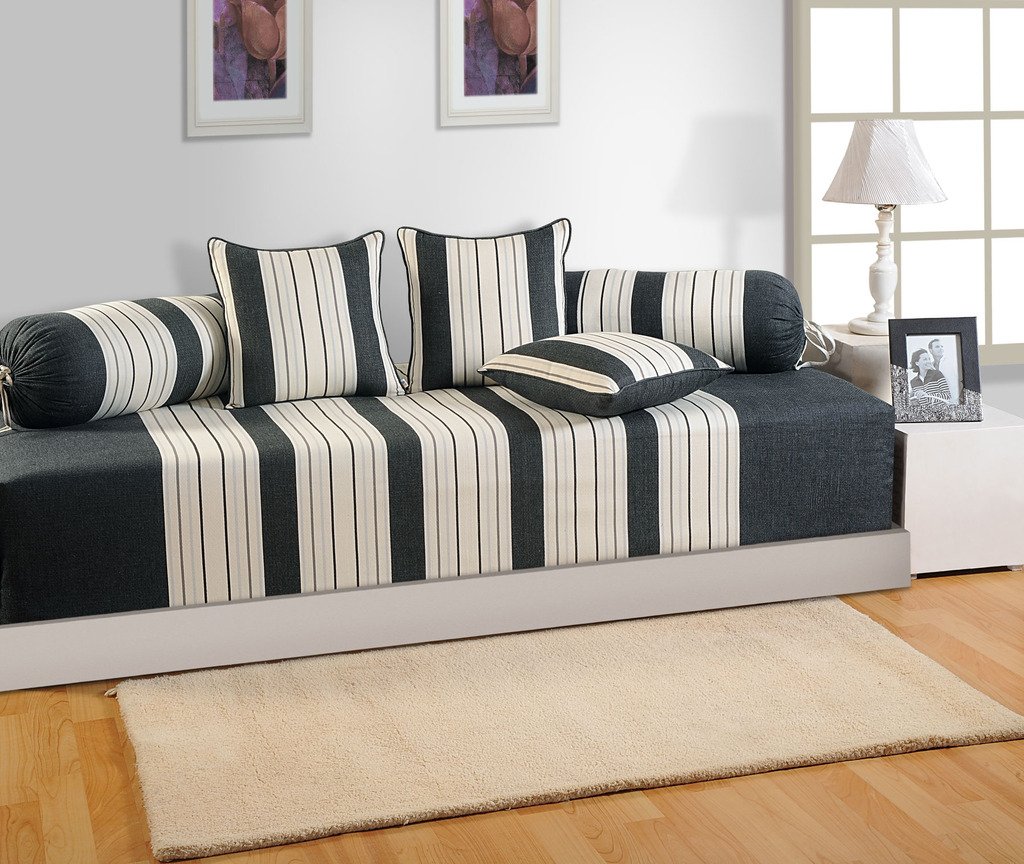Swayam Diwan Set Cotton 6 Piece Diwan Printed Bedsheet Set for Living Room Hall (Set of 6 Piece, 1 Diwan Sheet| 2-Bolster Cover | 3 Cushion Covers) Soft Feel,Black Off- White-image-1
