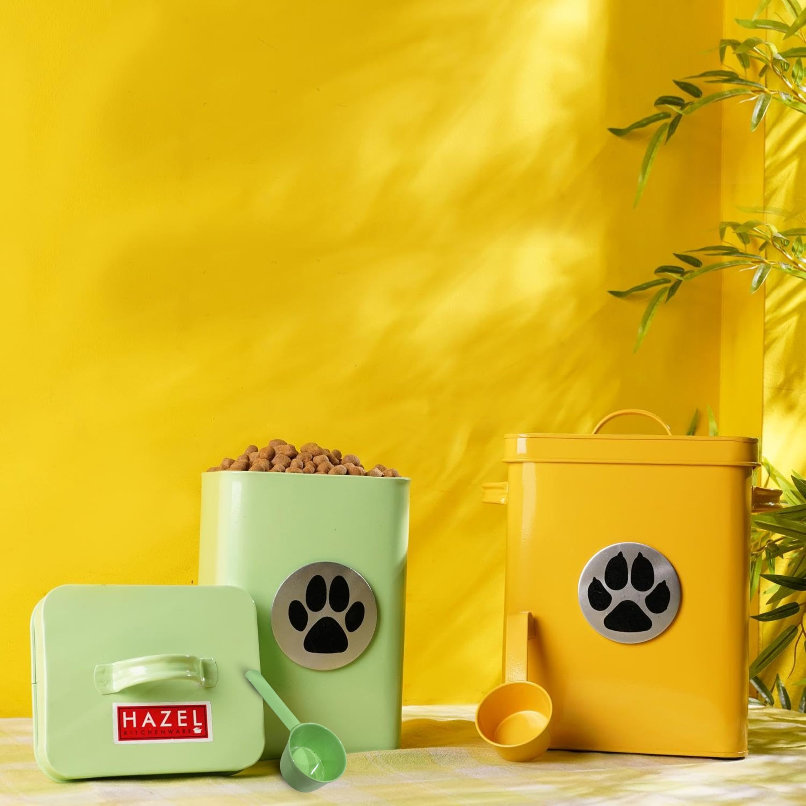HAZEL Pet Food Container with Lid | Metal Multipurpose Containers for Dog and Cat food, Set of 2, Yellow & Green, 6600 ML, 3200 ML 4