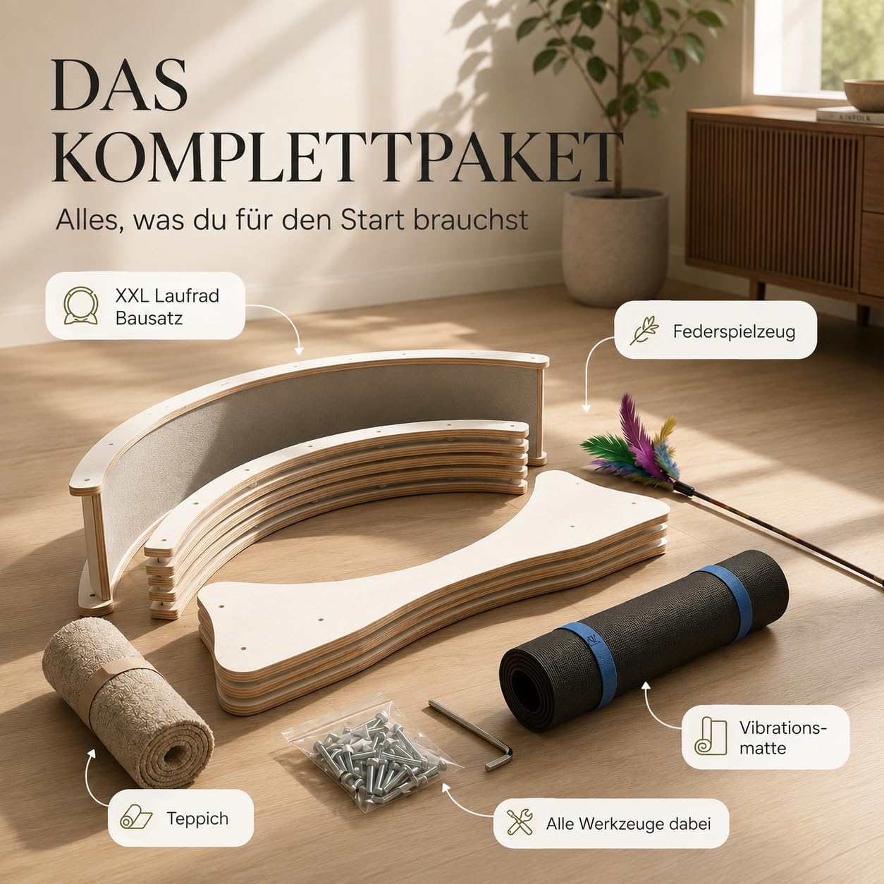 Katzenlaufrad Baghira Groß XXL | 132 cm Durchmesser für alle Katzen | Inklusive Anti-Vibrationsmatte | Kurzfloriger Teppich in 2 Farben zur Auswahl (Schwarz mit grauem Teppich)