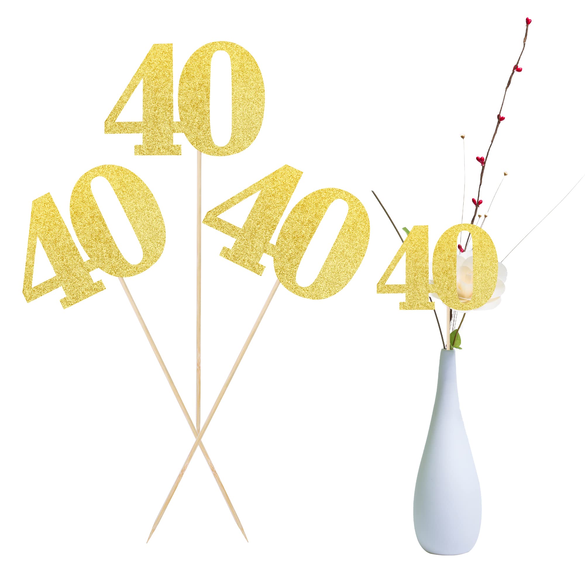 12 PCS Glitter 40th Birthday Centerpiece Sticks Number 40 Cake Toppers Forty Table Flower Topper Decorations for 40th Birthday Anniversary Party Centerpiece Supplies Gold
