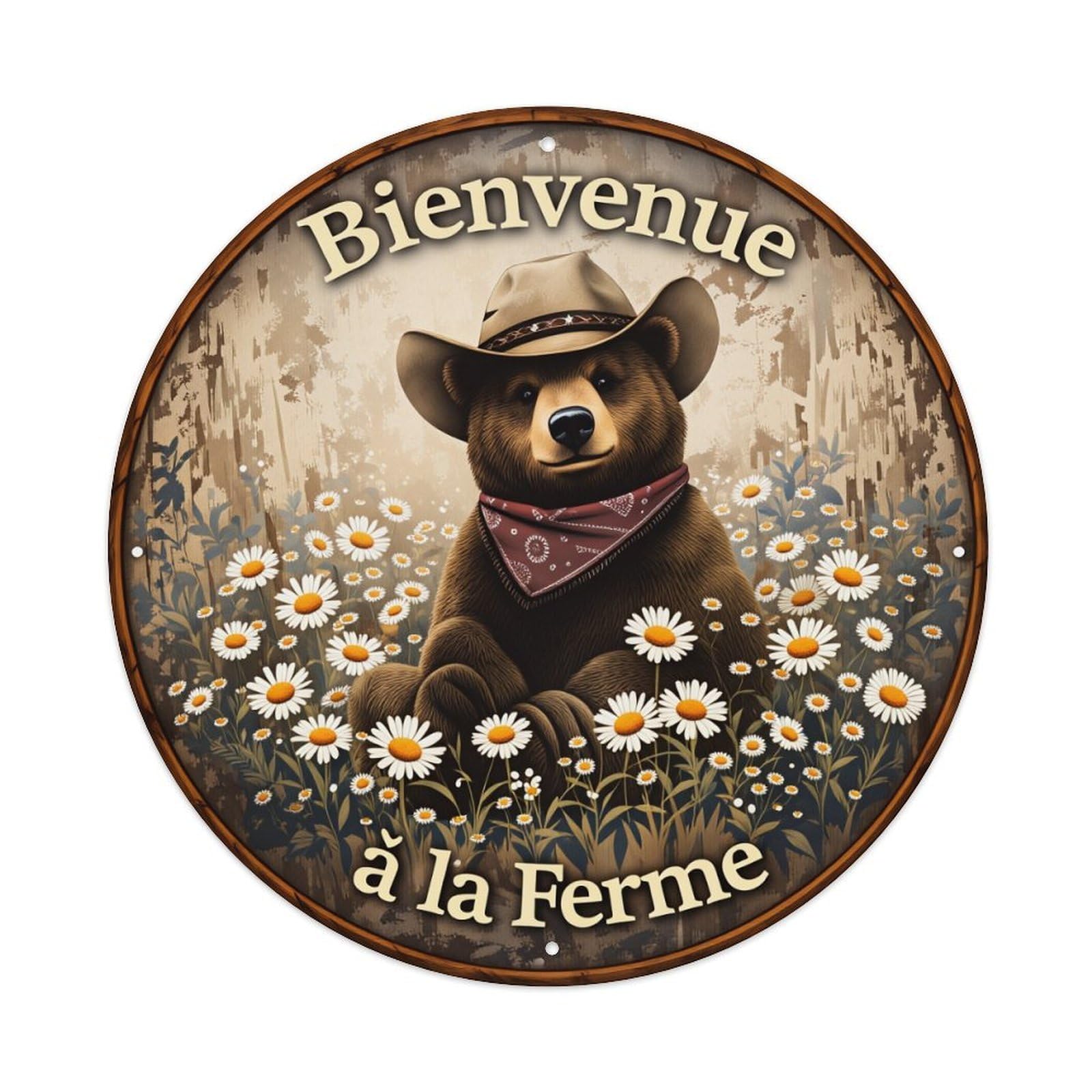 Bear Cowboy Hat Bandana Flowers Field Welcome Farm Metal Tin Sign Plaque