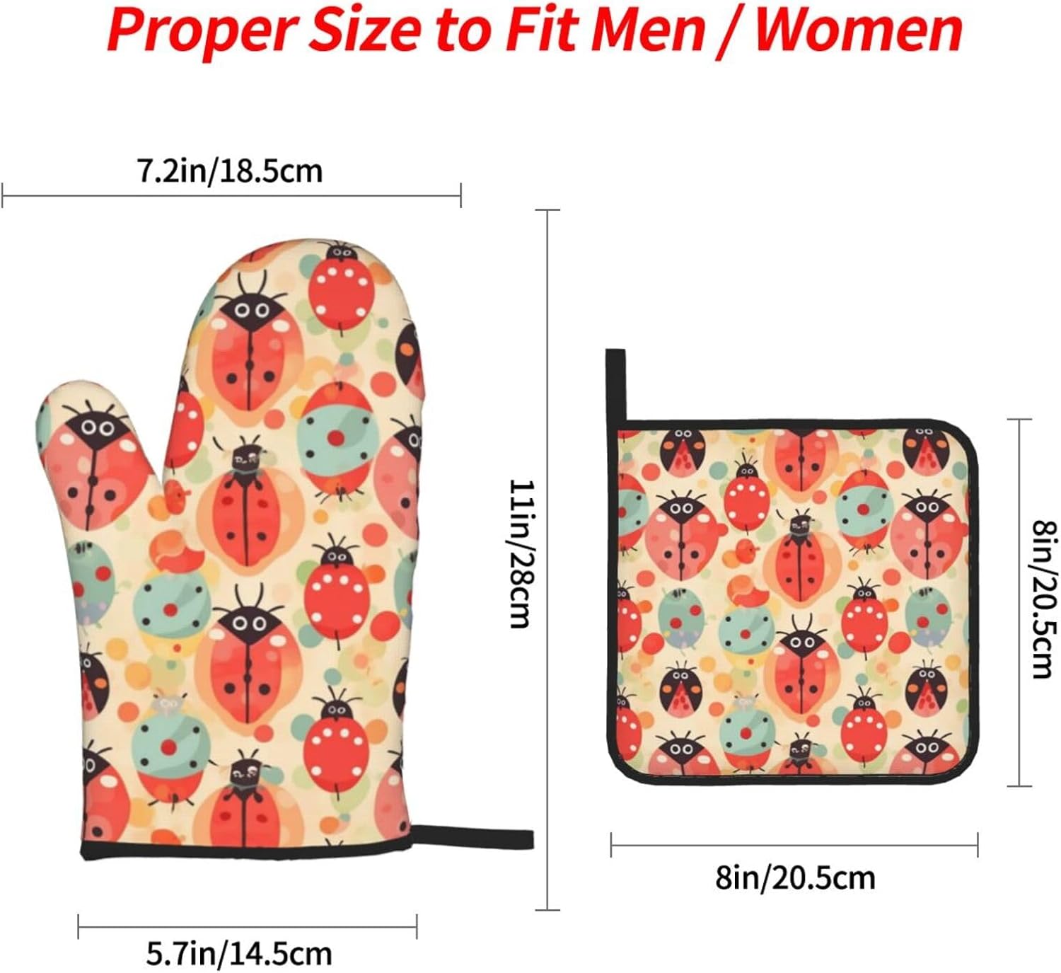 Oven Mitts and Pot Holders 4 pcs Set Oven Glove for Cooking Ladybugs Cartoon Pattern Oven Mitt Heat Resistant Kitchen Oven Gloves and Hot Pads Non-Slip Cooking Gloves for Baking Kitchen Hot Pads