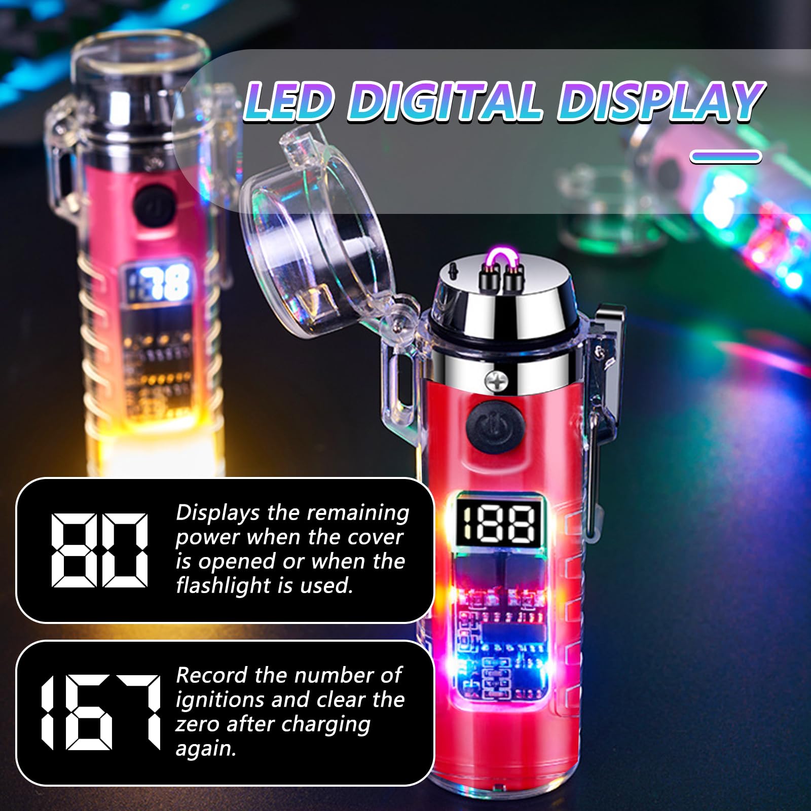 BABOBIU Briquet électrique frais, coupe-vent, étanche, sans flamme, plasma avec affichage LED et lampe de poche pour sortir, randonnée, camping, aventure (rouge)