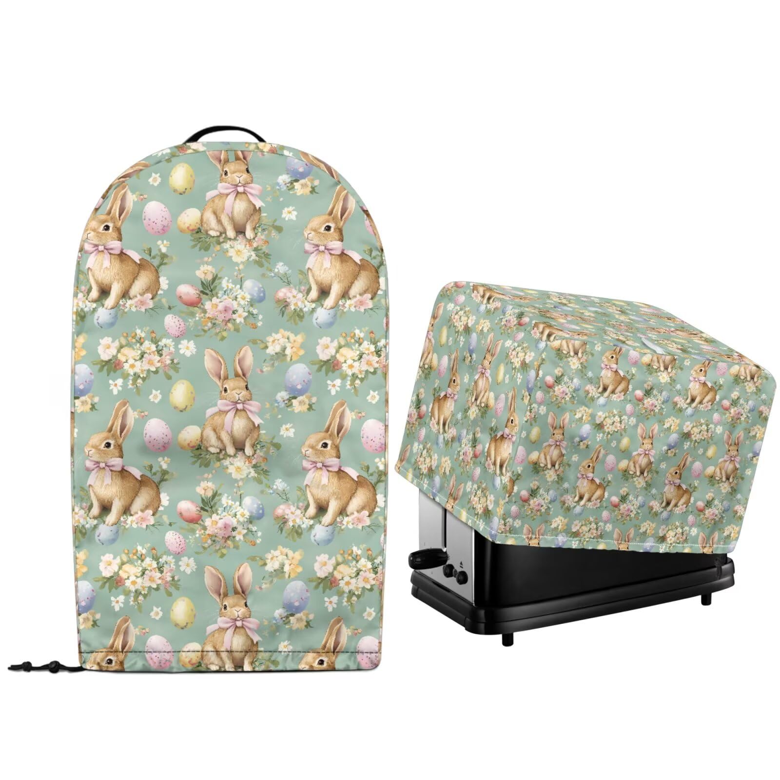 Easter Day Decor 2 Pcs Kitchen Countertop Stand Mixer Blender and Toaster Maker Oven Protector Cover with Drawstring Hem, Easter Day Floral Cute Bunny