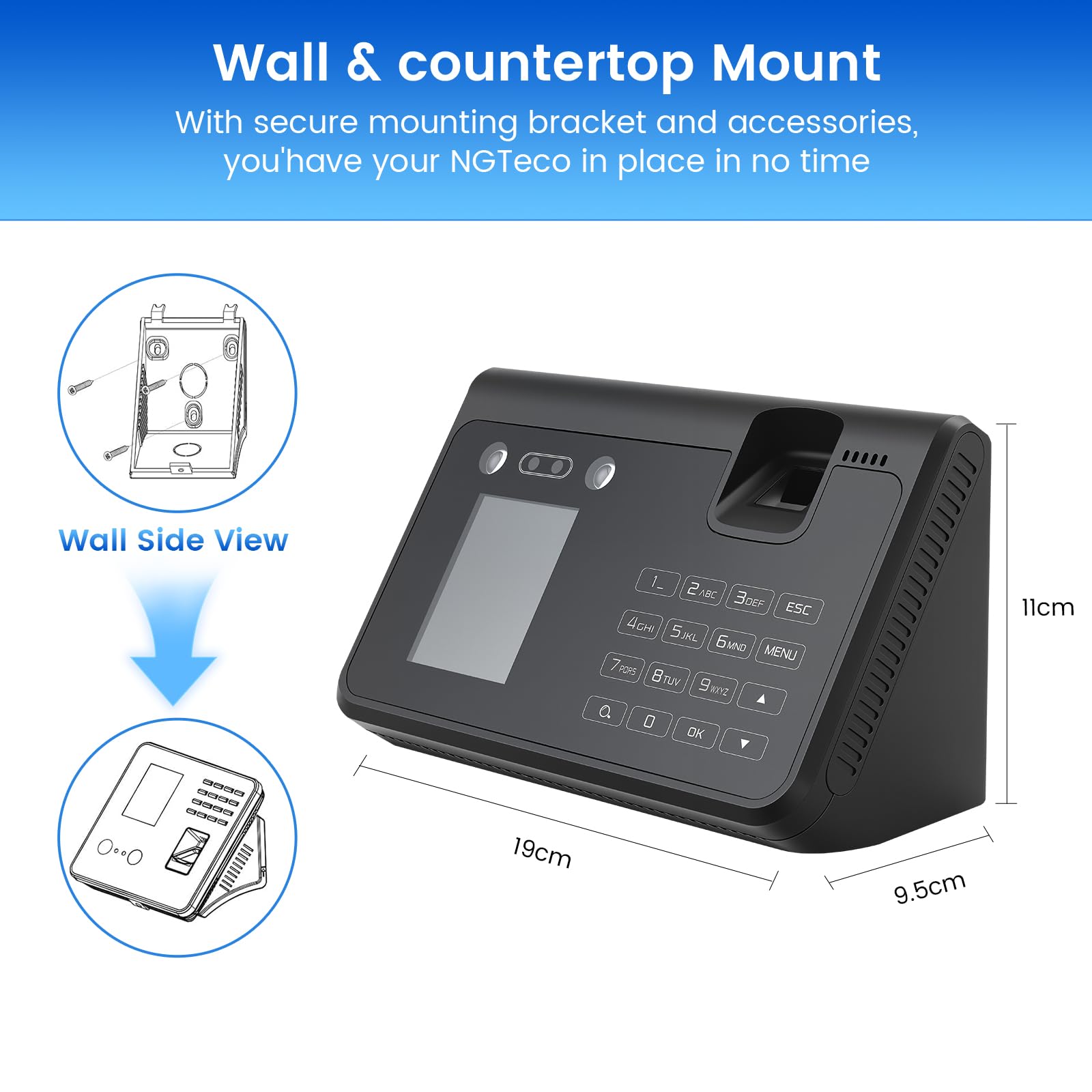 Dispositivo di rilevamento del tempo per piccolo, 4 in 1 biometrico con viso, impronte digitali, vena e pin, senza costi mensili, esportazione dati USB senza software
