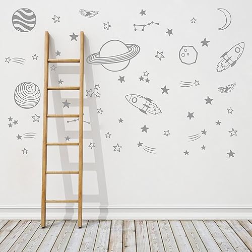 ZzMY Calcomanías de pared espaciales, estrellas, planetas, estrellas fugaces, cohetes, decoración de guardería, arte de pared de vinilo para