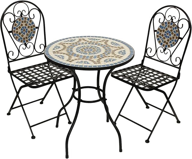 Woodside Blue Mosaic Garden Table And Folding Chair Set Outdoor Dining Furniture