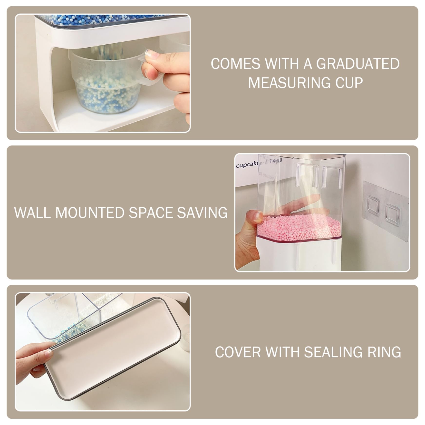 Dispensador de polvo para lavandería, 3000 ml, dispensador de detergente transparente impermeable a prueba de polvo, contenedor de polvo de lavandería montado en la pared con 2 tazas