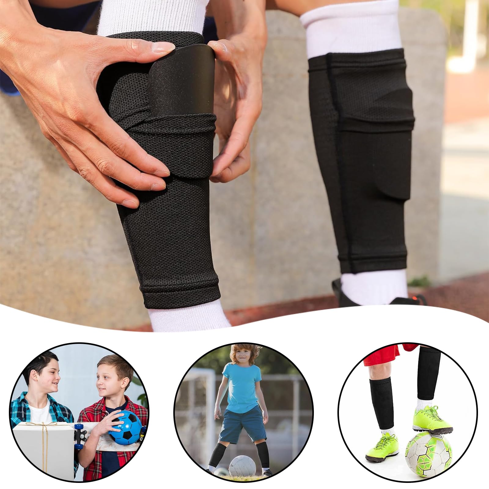 Zimoer Set di 3 parastinchi da calcio con maniche antiscivolo, calze da calcio Shin Guard e calzettoni, calzini da corsa per sport all'aria aperta, calzini antiscivolo con manici (nero
