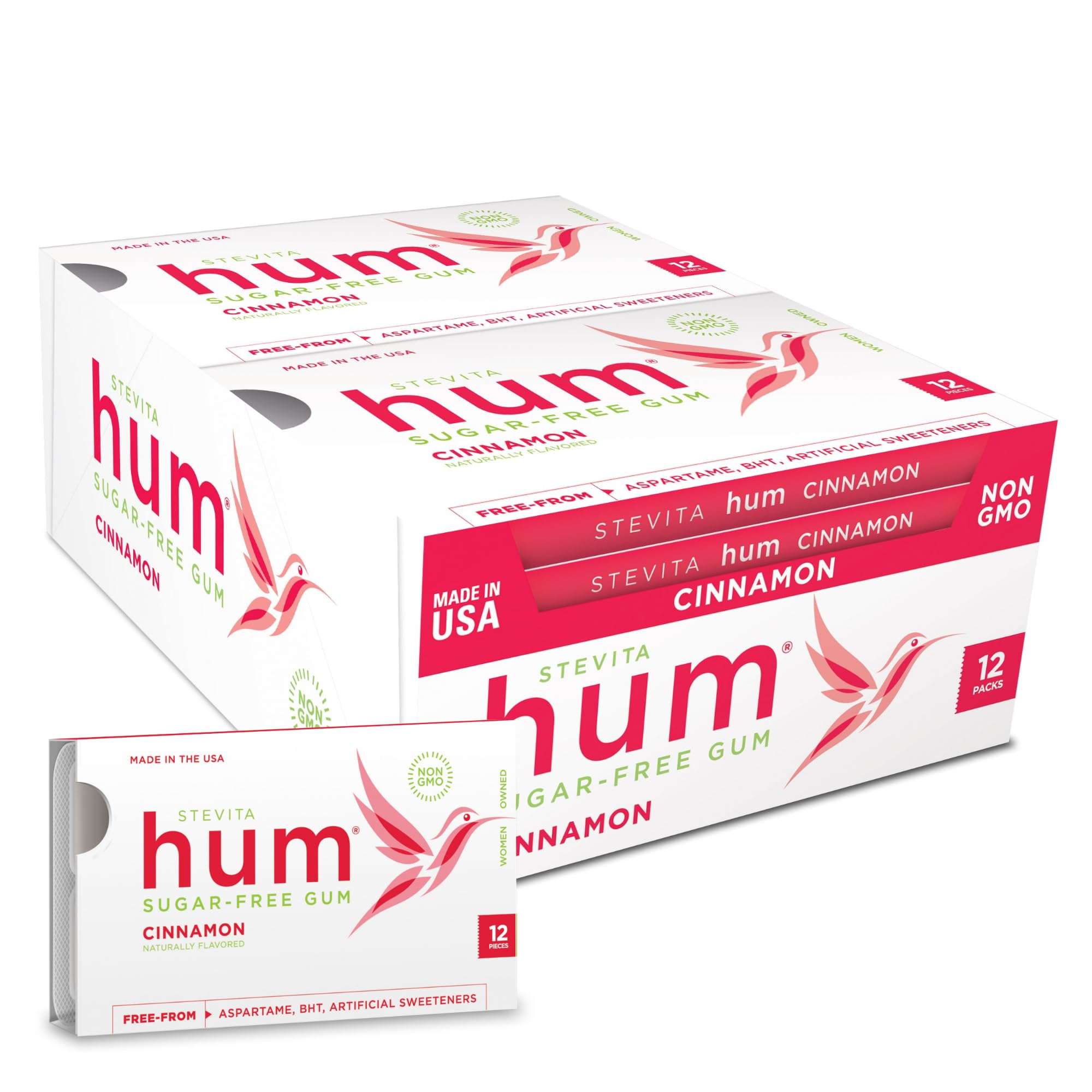 STEVITA Hum, Cinnamon - Sugar-Free Gum - 12 Pieces, Pack of 12 - Supports Oral Health -, Non-GMO, Vegetarian, Keto, Gluten Free - 72 Total Servings