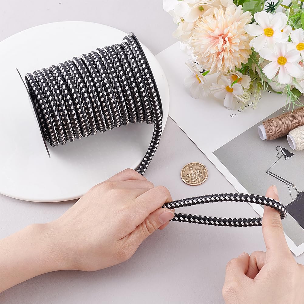 PH PandaHall 10.94 Yards Round Braided Imitation Leather Cord, 8mm Rope Leather String for Jewellery Making Bolo Tie Necklace Shoelace Bag Hat Strap Knitting Braiding, Black & White